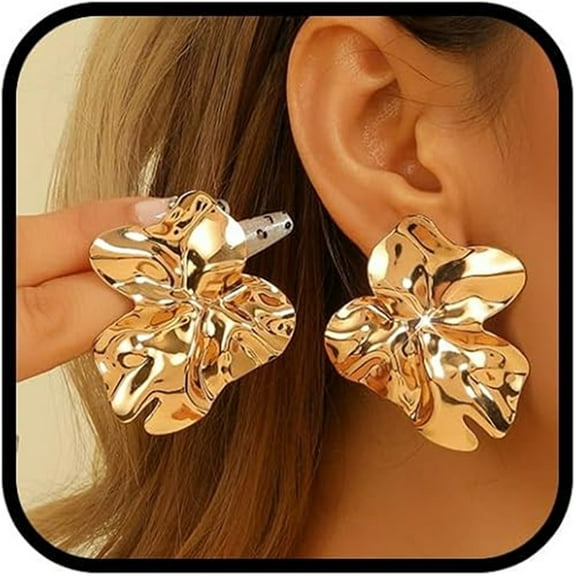 Gold Liquid Metal Earrings Retro Exaggerated Cool Style Irregular Pleated Design