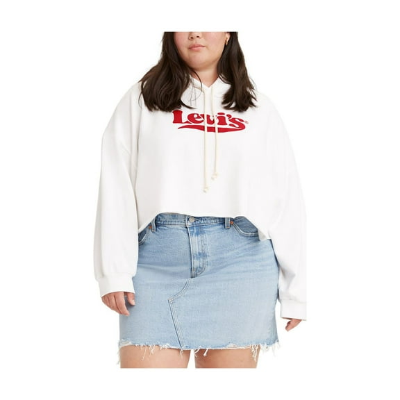 LEVI'S Womens White Tie Ribbed Cropped Drawstring Long Sleeve Collarless Hoodie Top Plus 1X