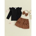 thumbnail image 2 of Suealasg Kids Girls Spring Skirt Outfits 3pcs Toddler Baby Girls Clothes 3M 6M 9M 1T 2T 3T 4T Little Girls Flying Sleeve Ribbed Tops and Corduroy Mini Skirt Headband Set, 2 of 9