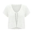 thumbnail image 4 of JIANJIA Tshirts For Women Cropped Crochet Sweaters Summer V Neck Tie Front Cardigan Short Sleeve Hollow Out Knit Bolero Tops T-Shirts Daily-Wear, 4 of 8
