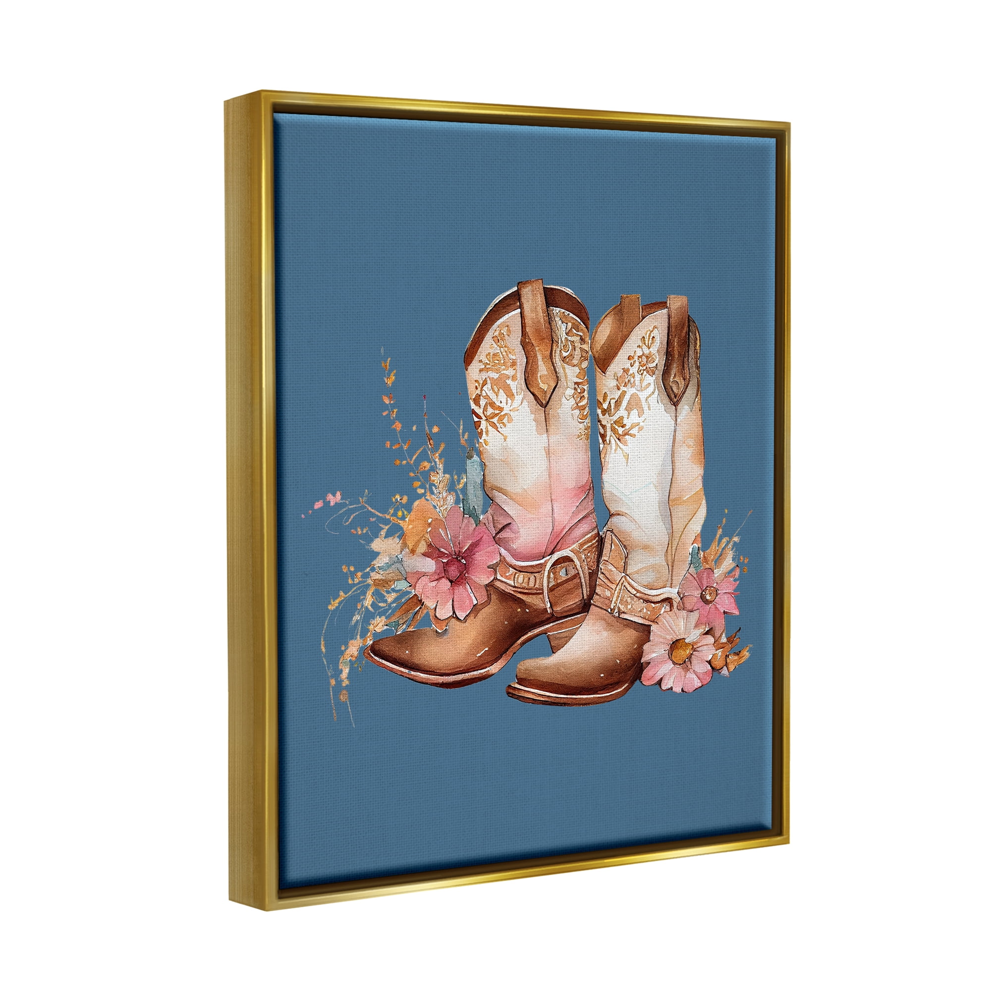 Stupell Industries Floral Cowgirl Boots on Blue Beauty & Fashion Painting Gold Floater Framed Canvas Art Print Wall Art, 25 x 31