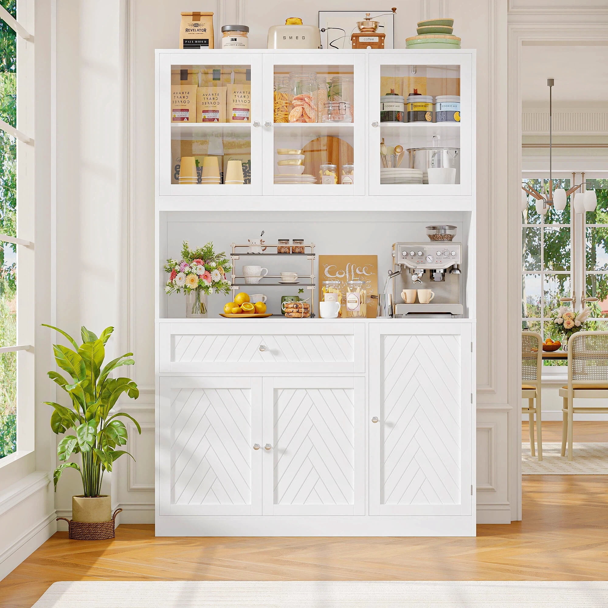 Hiphuta 72" Tall Modern Pantry Cabinet with Adjustable Shelves, Freestanding Kitchen Hutch Cabinet for Dining Room, White