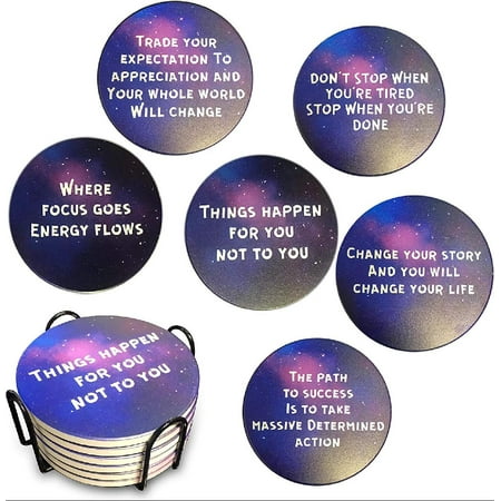 

Drink Coaster- Bargifts Ceramic Galaxy Coasters for Drinks with Holder Set of 6 Different 4 inches Galaxy Styled Ceramic Coaster with Motivational Quotes for Your Daily Iniration
