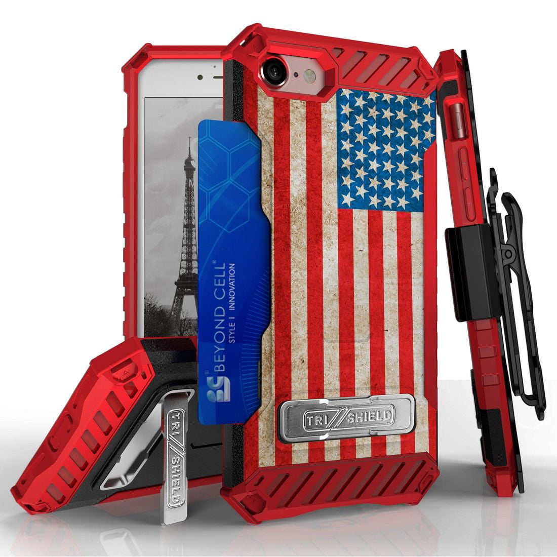 Beyond Cell TriShield Series Compatible with iPhone 8, iPhone 7 Slim Military Grade Shockproof Protection Phone Case with Belt Clip Holster - Vintage American Flag