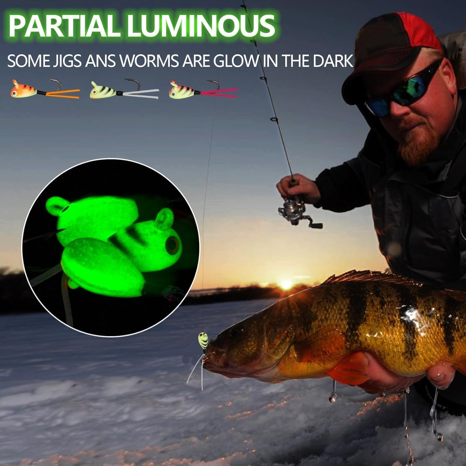 Ice Fishing Jigs, 20pcs Dancing Ice Fishing Jig Rubber Skirt Kit Winter Ice Fishing Lures Ice Fishing Lures and Jigs Walleye Ice Fishing Gear for Ice Jigging Panfish Crappie Panfish Pike, 4 Styles