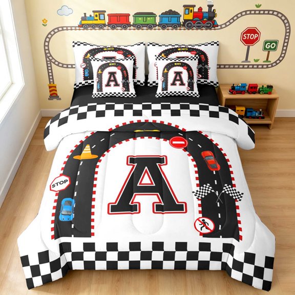 Erosebridal Alphabet Letter Twin Bedding, Race Car Bedding Comforter Set, Black A, Black Reversible 7-Piece