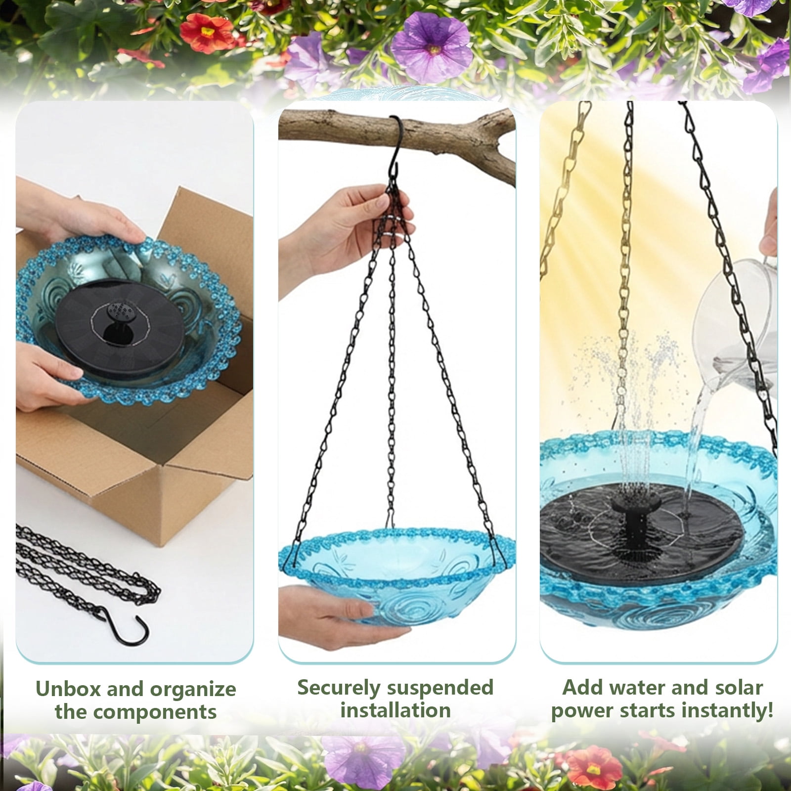 Threns Solar Cascade Hanging Bird Bath Fountain, Solar Powered Bird Bath Fountain, Hanging Birds Baths for Outdoors Garden Patio Backyard Lawn Decor