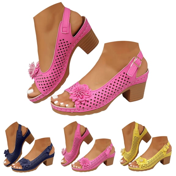 Modisza Open Toe Chunky Heels for Women Hollow Out Summer Dressy Flower Sandals Slingback Slip on Beach Heeled Shoes Size 6 Blue