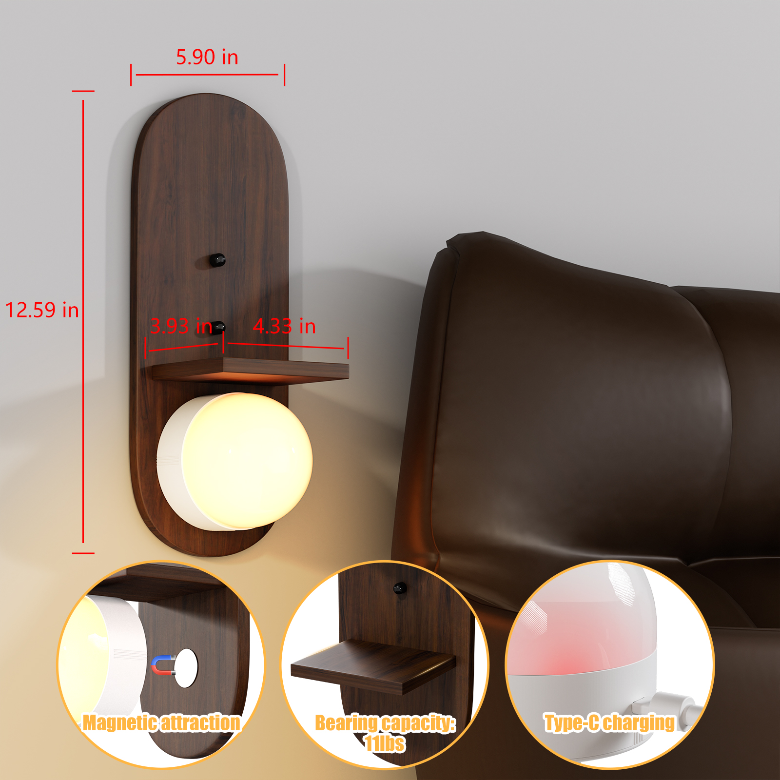 Floating Shelves for Wall Decor with Rechargable LED Bulb, Remote Control  2 PCS Wood Wall Sconce Battery Operated for Wall Decor,Walnut