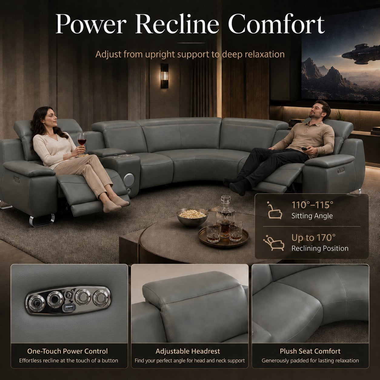 Aenkyo L-Shaped Faux Leather Power Reclining Sectional Sofa with Speaker and Wireless Charging, Gray