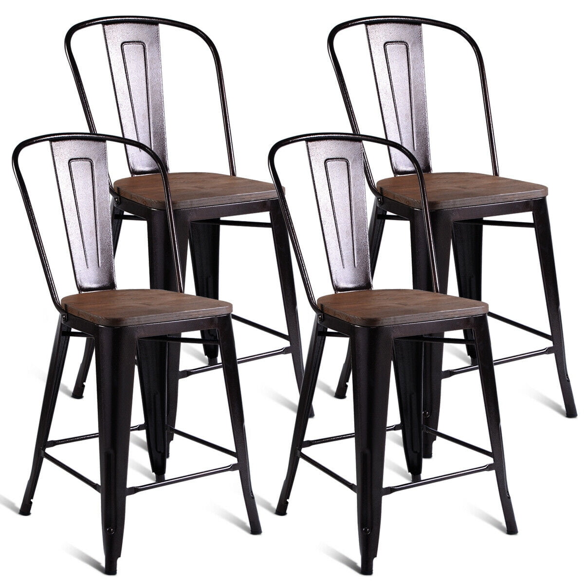 costway copper set of 4 metal wood counter stool kitchen dining bar chairs  rustic  walmart
