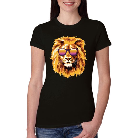 Lion With Sunglasses Animal Lover Womens Slim Fit Junior Tee, Black, Small