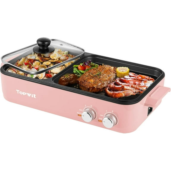 MMZP Hot Pot Electric with Grill, 2 in 1 Indoor Non-stick for Steaks, Shabu Shabu, Noodles, Simmer and Fry, Korean BBQ Grill, Independent Dual Temperature Control, Pink