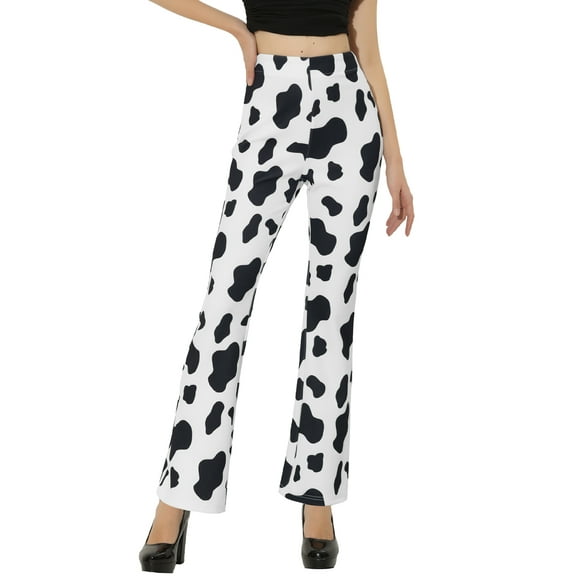 INSPIRE CHIC Women's Pants High Waist Cow Print Casual Flare Bell Bottom Stretch Long Pants XS Black White