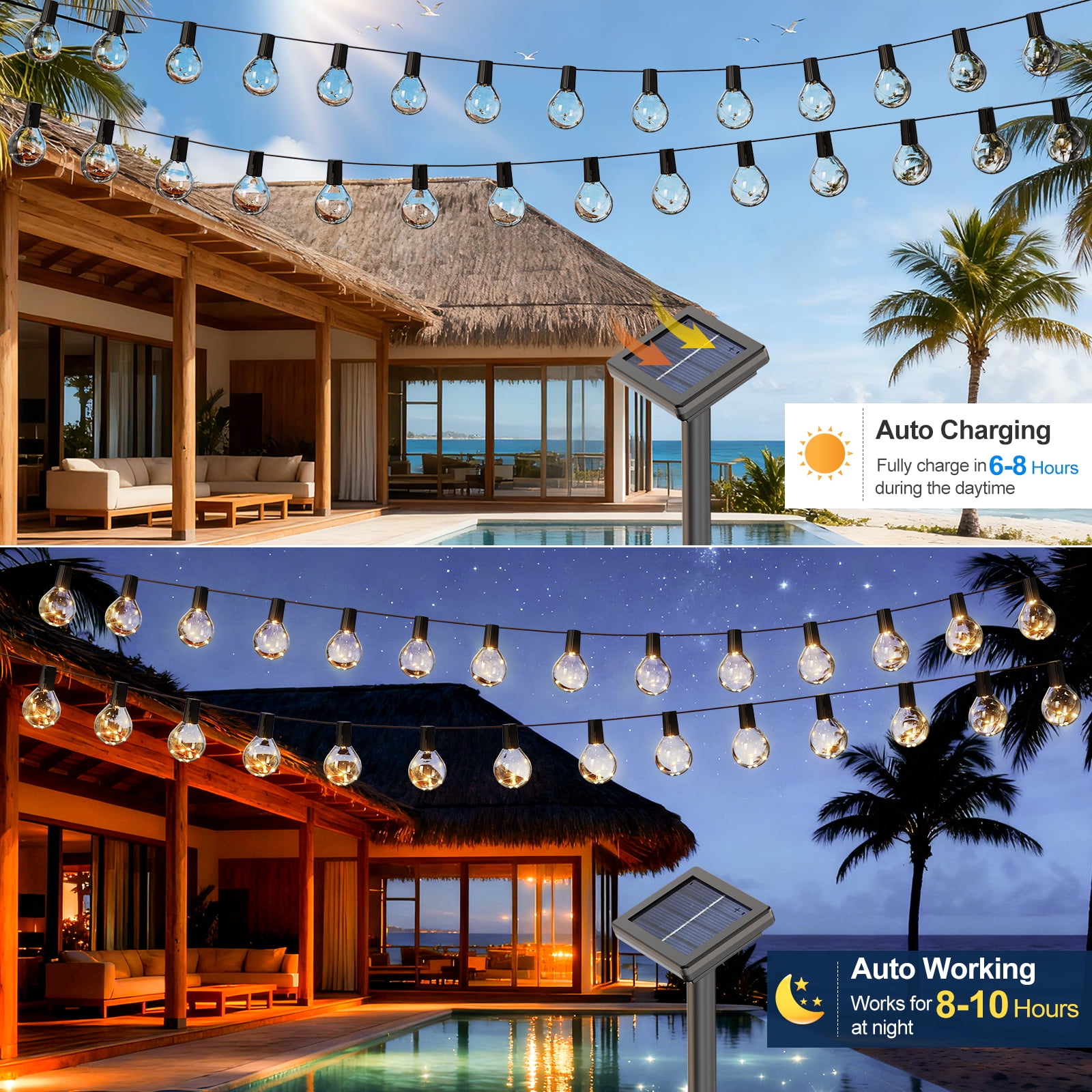 [2 Pack] Solar String Lights Outdoor, 15 Bulbs Globe Fairy Lights with Warm White LEDs, Waterproof Patio Garden Yard Decor Lighting for Fence, Porch, Deck, and Party