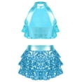 thumbnail image 2 of Yartina Girls Shiny Backless Latin Jazz Salsa Ballet Dance Dress Kids Crop Top with Tassel Tutu Skirt Blue 10, 2 of 6