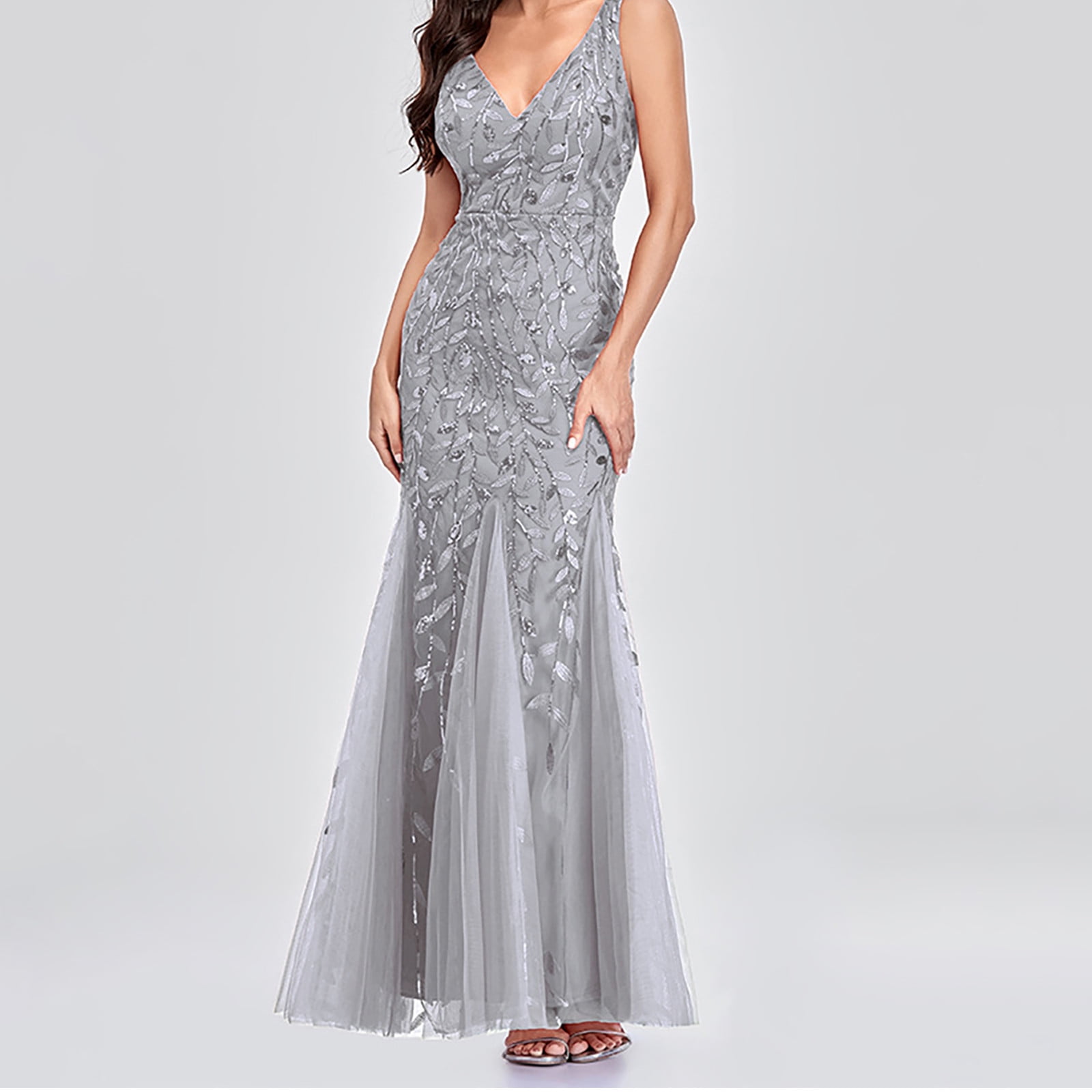 Womens Luxurious Sequins Formal Evening Dress Elegant Sleeveless Mermaid Tulle Floor Lenght Party Cocktail Dresses