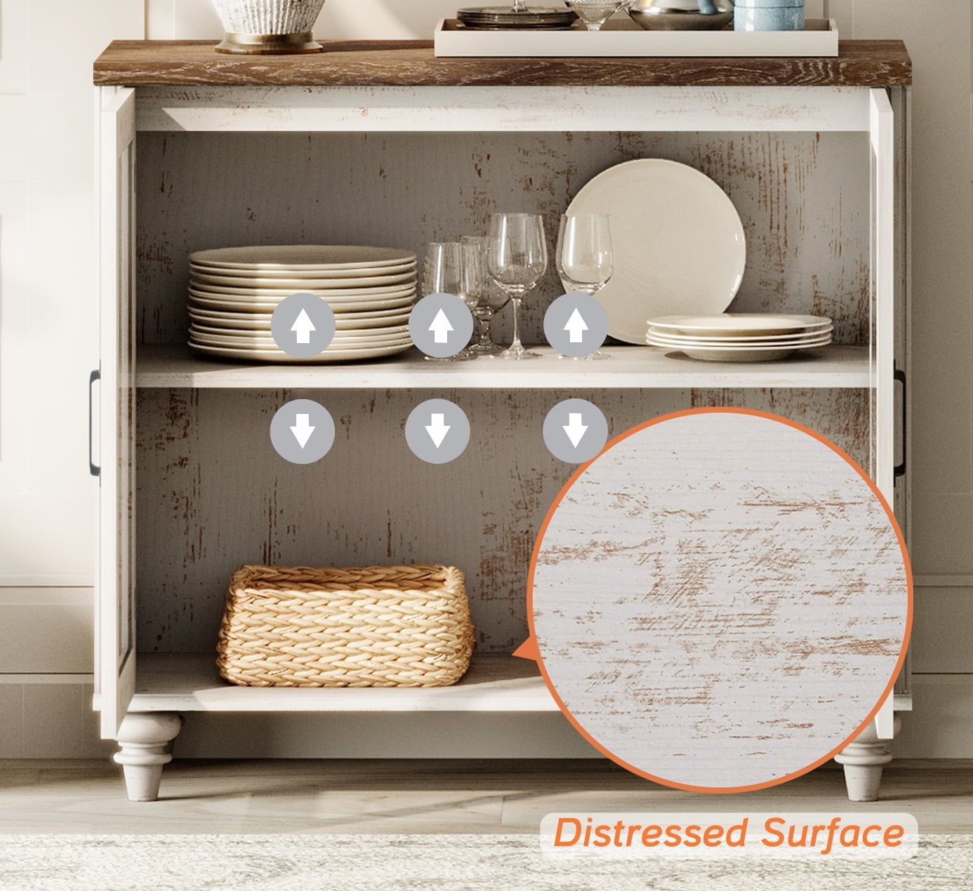 4-in-1 TV Stand, Wood Console Table Storage Cabinet for Living Room, Kitchen Sideboard Buffet Cabinet With Glass Door for Dining Room, Rustic White