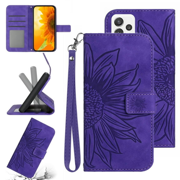 Feishell Slim Wallet Case for Samsung Galaxy A73 5G,for Men Women,Sunflower Embossed Pattern PU Leather Flip Cover Magnetic Closure Folio Card Slots Kickstand Phone Case with Hand Strap,Darkpurple