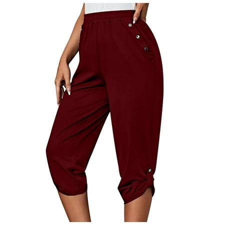 HAPIMO Capri Sweatpants Jogger Pants with Pocket for Women Clearance Summer Sale High Elastic Waist Relaxed Fashion Casual Button Workout Trousers Solid Wine XXL