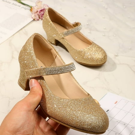 Kushyshoo Girl Mary Jane Shoes Low Heel Rhinestones Princess Flats Gold Dress Pump Shoes for Big Kid Size 2