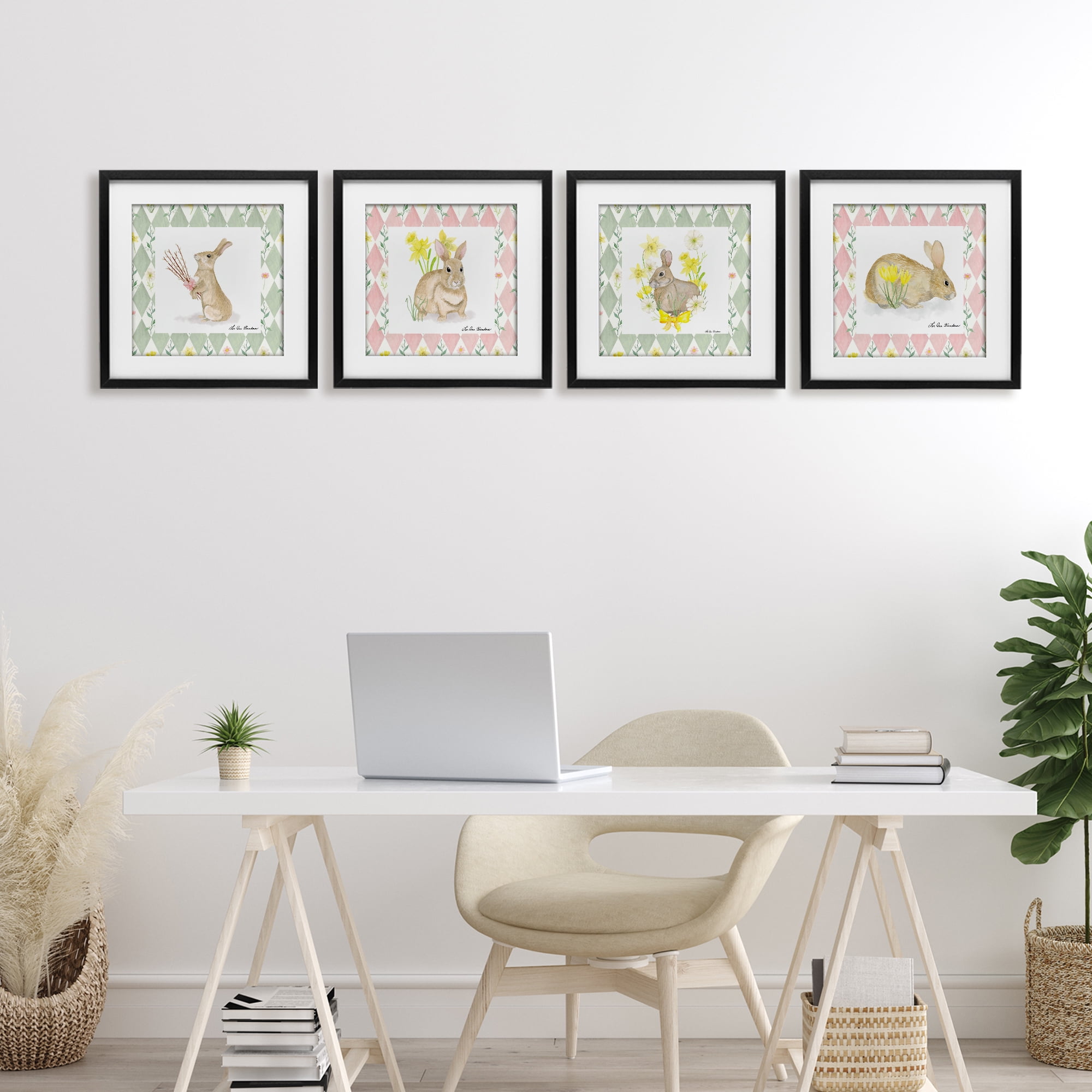 Spring Bunnies on Argyle 4 Piece Black Framed Print Under Glass Set, design by Lee Ann Sanders