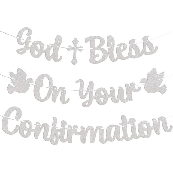 God Bless On Your Confirmation Banner - Mi Confirmacion Decor, God Bless Banner, Confirmation Party Decorations Silver Glitter
