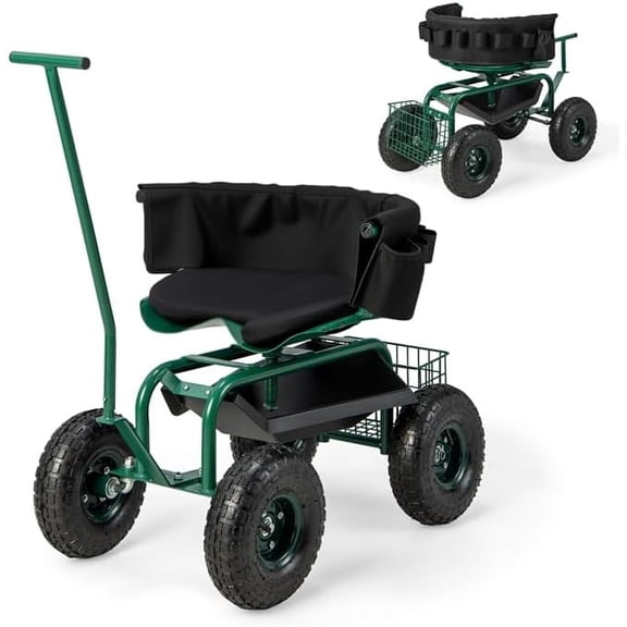 ERGOMASTER Garden Cart Rolling Workseat with Wheels,2 Steering Handles,360 Degree Swivel Seat & Tool Storage, Use for Patio, Yard, and Outdoors Workseat, Green