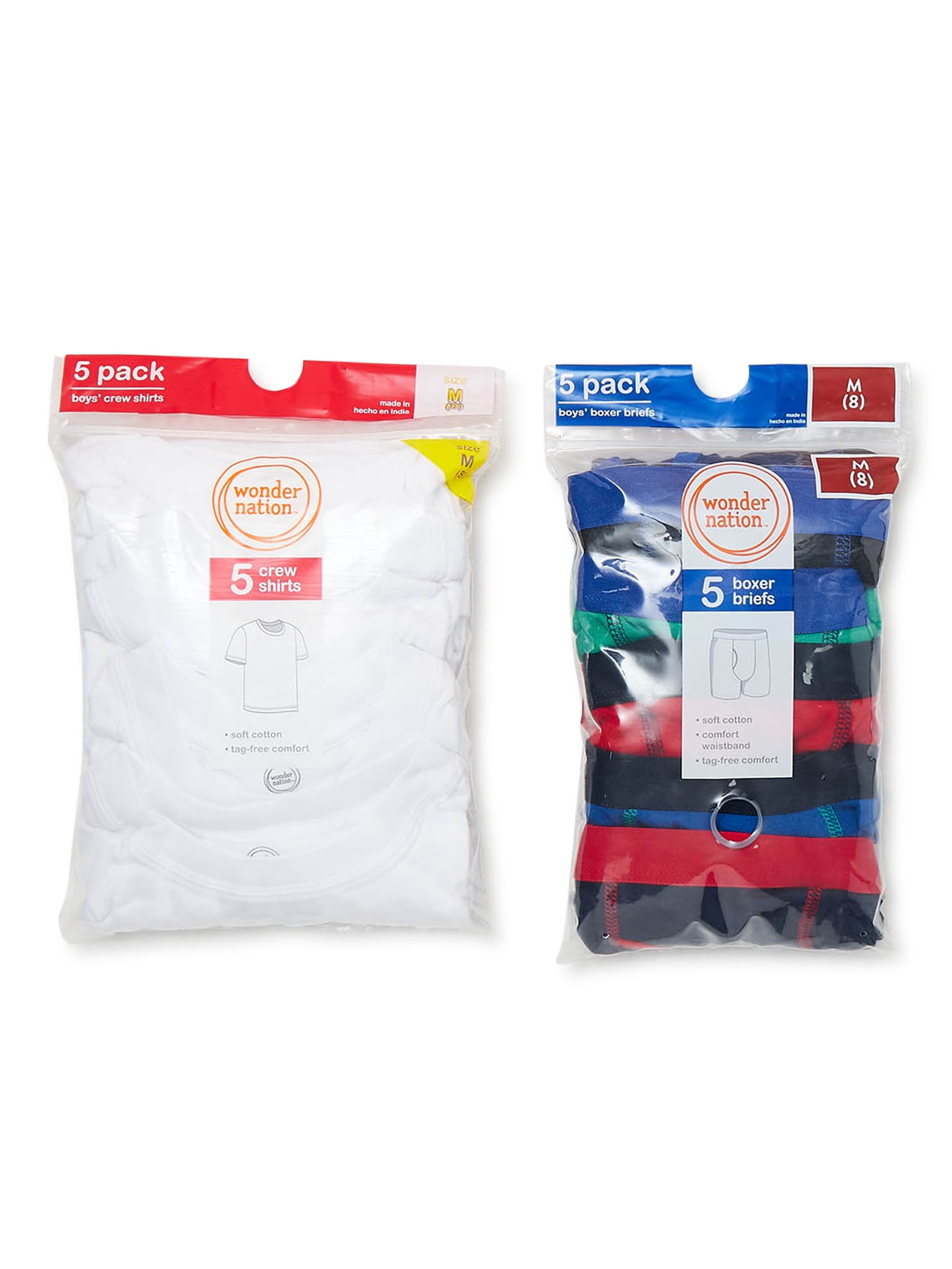 Wonder Nation Boys Underwear and Undershirts, Crews and Boxer Briefs, 10-Pack, Sizes S-XL