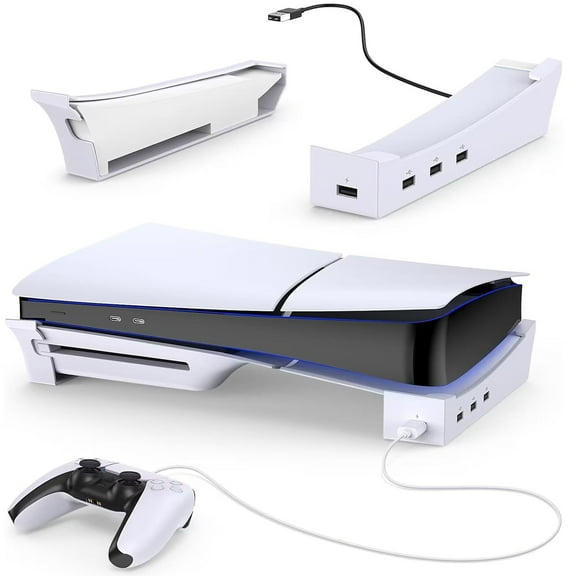 Horizontal Stand for PS5 Slim Console with 4-Port USB Hub, Base Stand Accessories for PlayStation 5 Slim Disc & Digital Edition-White