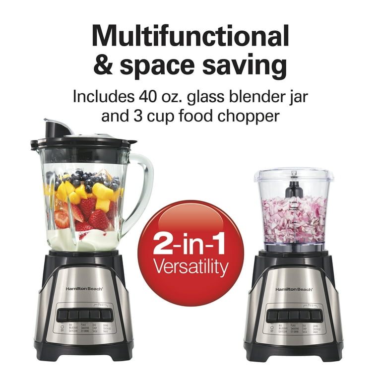 Hamilton Beach Power Elite Multi-Function Blender with Mess Free 40 oz.  Glass Jar and 3-Cup Chopper, Mini Food Processor, 700 Watts, Stainless  Steel, 58149 