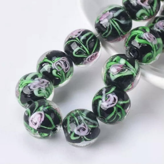 U8MO 5PCS Round 12mm Handmade Flower Pattern Lampwork Glass Loose Beads DIY Jewelry-Black