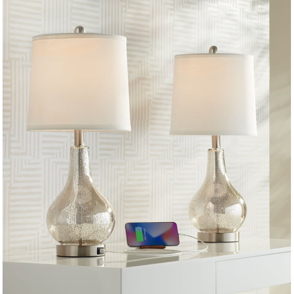 360 Lighting Ledger Modern Accent Table Lamps 21 3/4" High Set of 2 Mercury Glass with USB Charging Port Table Top Dimmers Off-White Shade for Desk