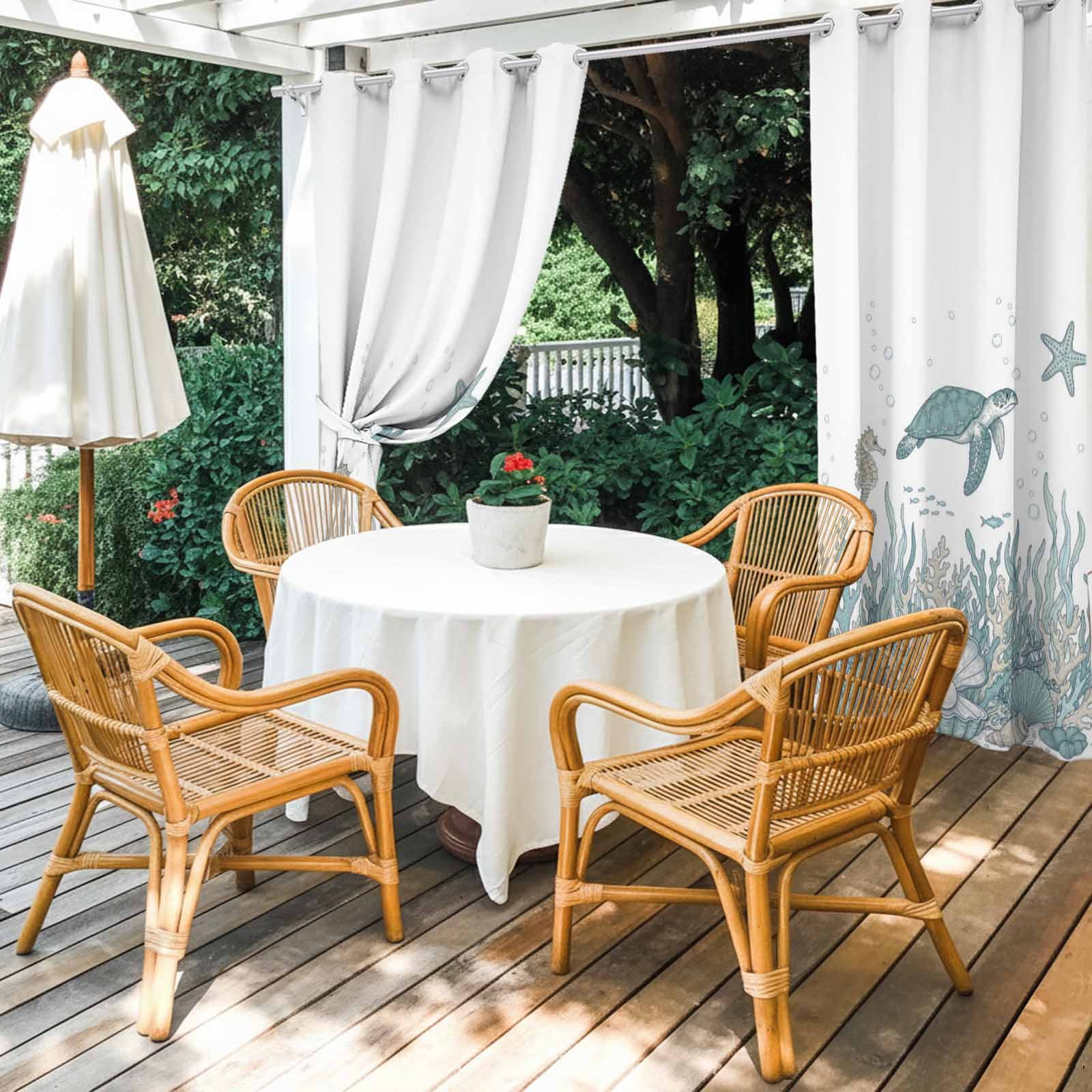 Summer Marine Life Outdoor Curtains for Patio, Nautical Starfish Ocean Seahorse Sea Turtle Coastal Sunshade Privacy Drapes Grommet Waterproof Outside Curtains for Porch Balcony 54"x108", 1 Panel