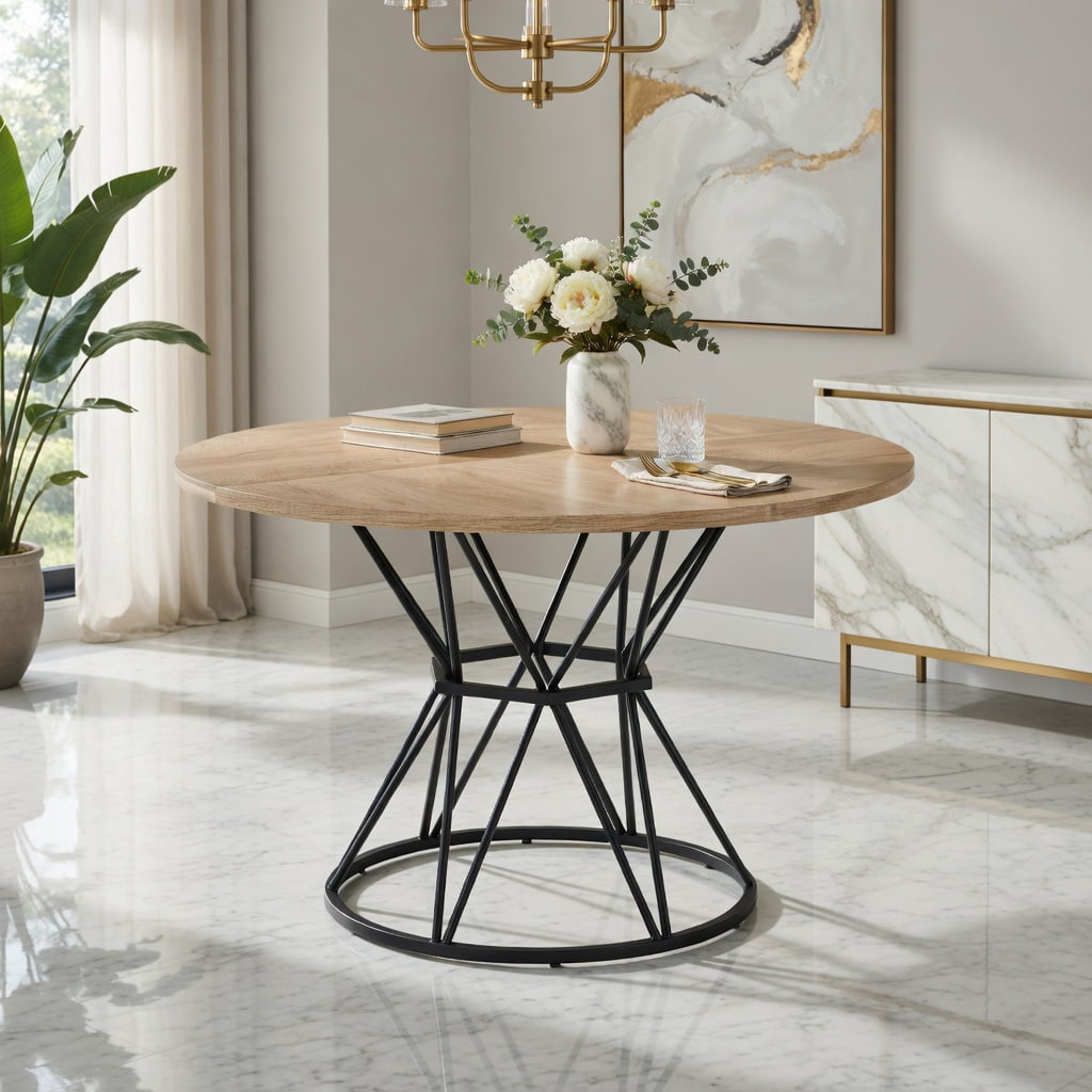 Hommoo 47.3-inch Round Dining Table for 4-6 People, Light Wood Grain MDF Top & Hourglass Metal Base, Modern Industrial Style Kitchen or Dining Room Table, Natural & Black
