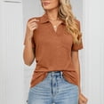 thumbnail image 2 of Slatcetga camiseta de las mujeres color puro solapa manga corta V Masajeadores cuello casual verano para oficina compras actividades al aire libre caramelo M, 2 of 6