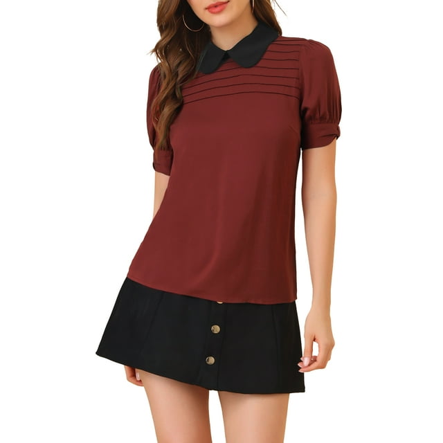 INSPIRE CHIC Blouse Plissée à Manches Courtes Bouffantes pour Femme à Col Peter Pan Contrastant Bourgogne 3TG