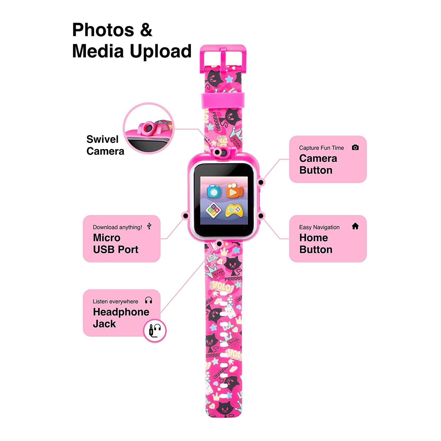 PlayZoom 2 Kids Smartwatch - Video Camera Selfies STEM Gift for Kids (Fuchsia Kitty Cats Print)