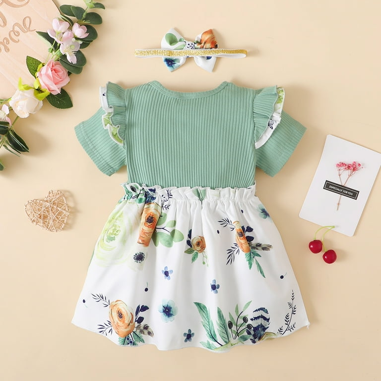 green emerald velvet dress 2pcs Baby Girl Solid Ribbed Short-Sleeve Ruffle Top & Dress: Graygreen / 12-18 Months