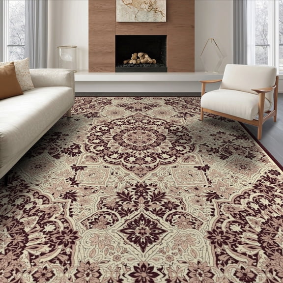 ODIKA 8'x10' Washable Area Rug Durable, Non-Slip Vintage Boho Grey Faded Ivory Dusty Interlocking Motifs Throw for Living Room, Under Sectional, Family