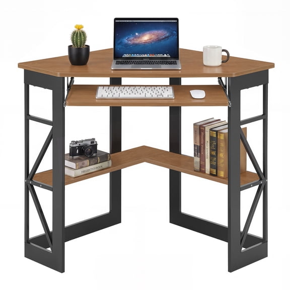 VECELO Desk with Keyboard Corner Computer Writing Shelves, Compact Home Office, Dark Brown