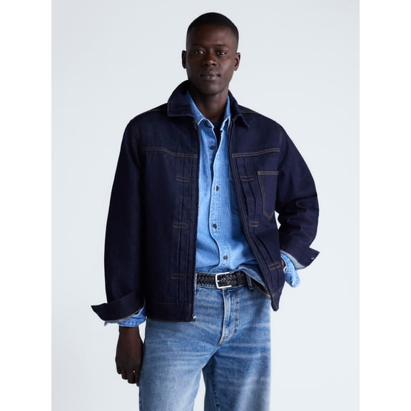 Free Assembly Men's Pleated Zip Front Denim Jacket, Sizes XS-3XL