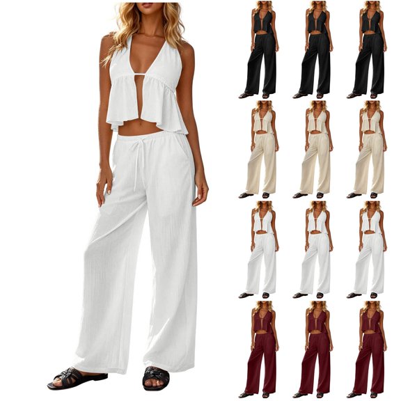 Pretxorve Women 2 Piece Outfits Solid V Neck Breathable Sleeveless Cami Top Pocket Straight Long Trousers Set