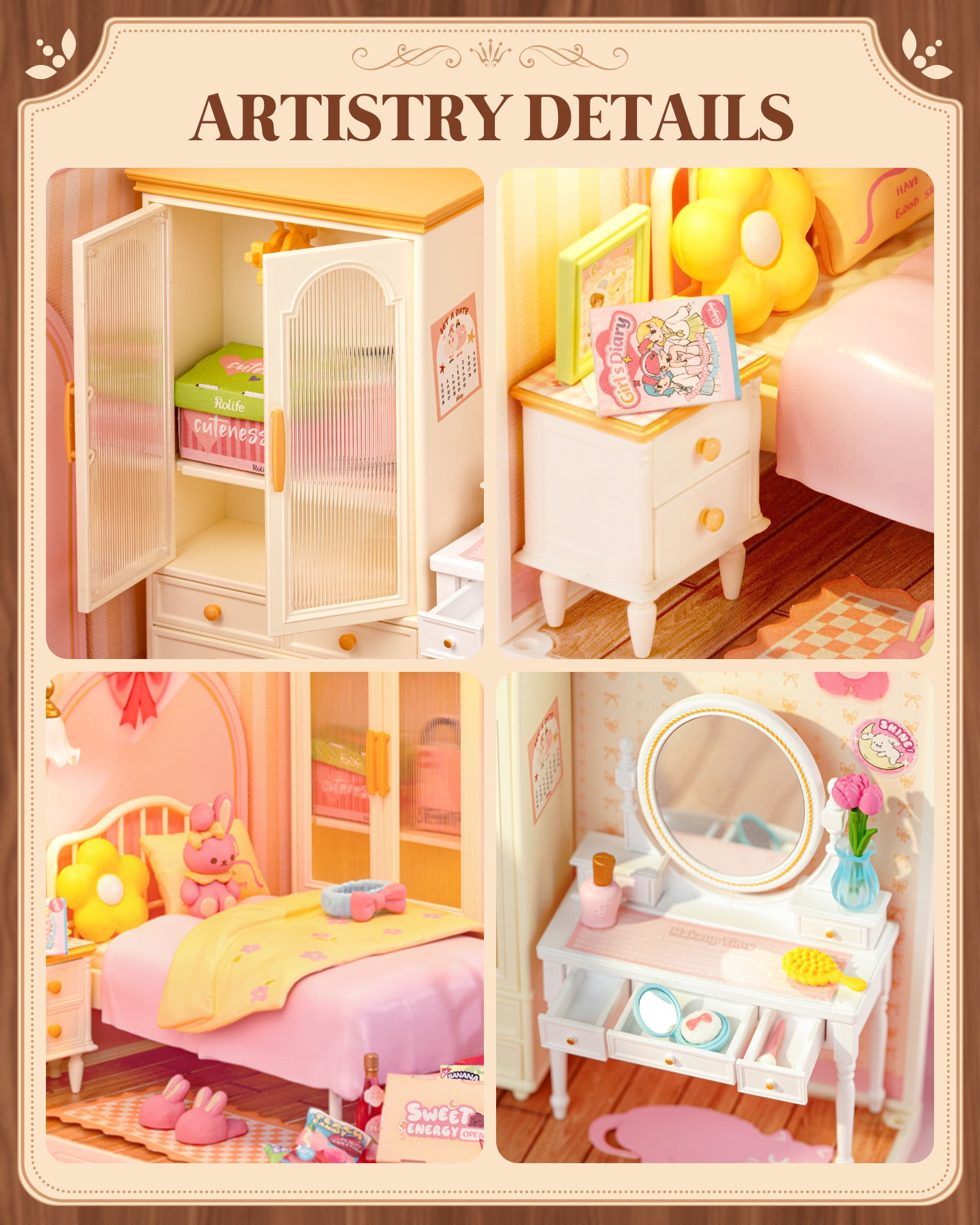 ROBOTIME Super Creator DIY Miniature House Kit,Tiny Home Craft Kits with LED,Mini Dollhouse Building Set,Gifts for Teens Adults(Lovely Pink Bedroom)