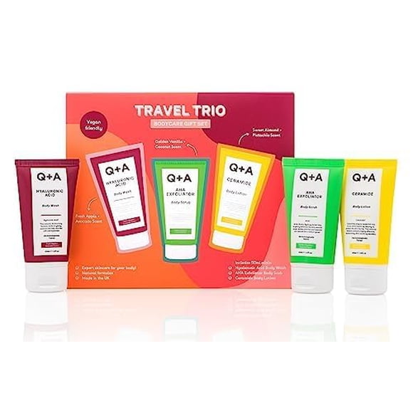 Set de regalo Q+A Travel Trio Body Care que contiene un gel de baño con ácido hialurónico, un exfoliante corporal AHA y una loción corporal de ceramida, cada artículo, 50 ml
