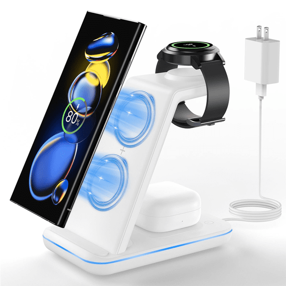 FU2098 Wireless Charging Station for Samsung: 3-in-1 Phone Charger Stand for Galaxy Watch7 Pro/4/3/Active2/1 - S24/S23 Ultra/S22/S21/S20/Note 20/ Z Fold&Flip Series - Buds 3 Pro