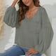 thumbnail image 3 of Jersey para mujer, Top, manga larga acampanada, cuello en V, Color puro, camisa holgada informal con bolsillo para mujer gris XXL, 3 of 6