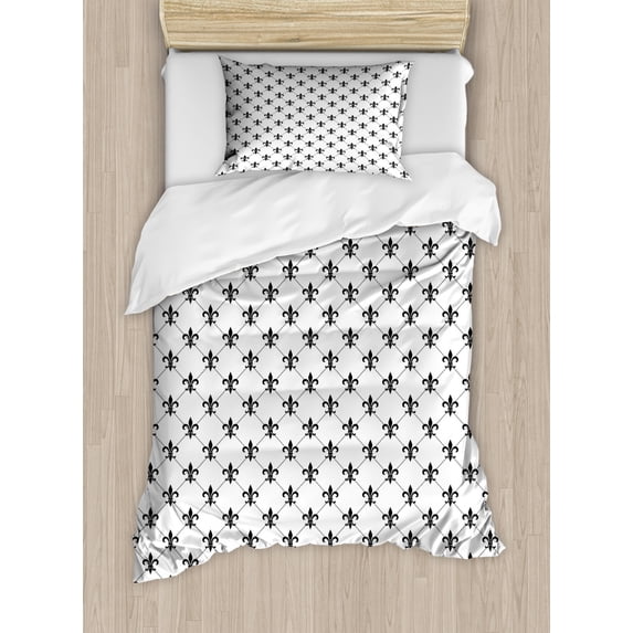 Fleur De Lis Duvet Cover Set Twin Size, Checkered Dotted Pattern with Monochrome Abstract Lily Flower Ancient Revival, Decorative 2 Piece Bedding Set with 1 Pillow Sham, Black White, by Ambesonne