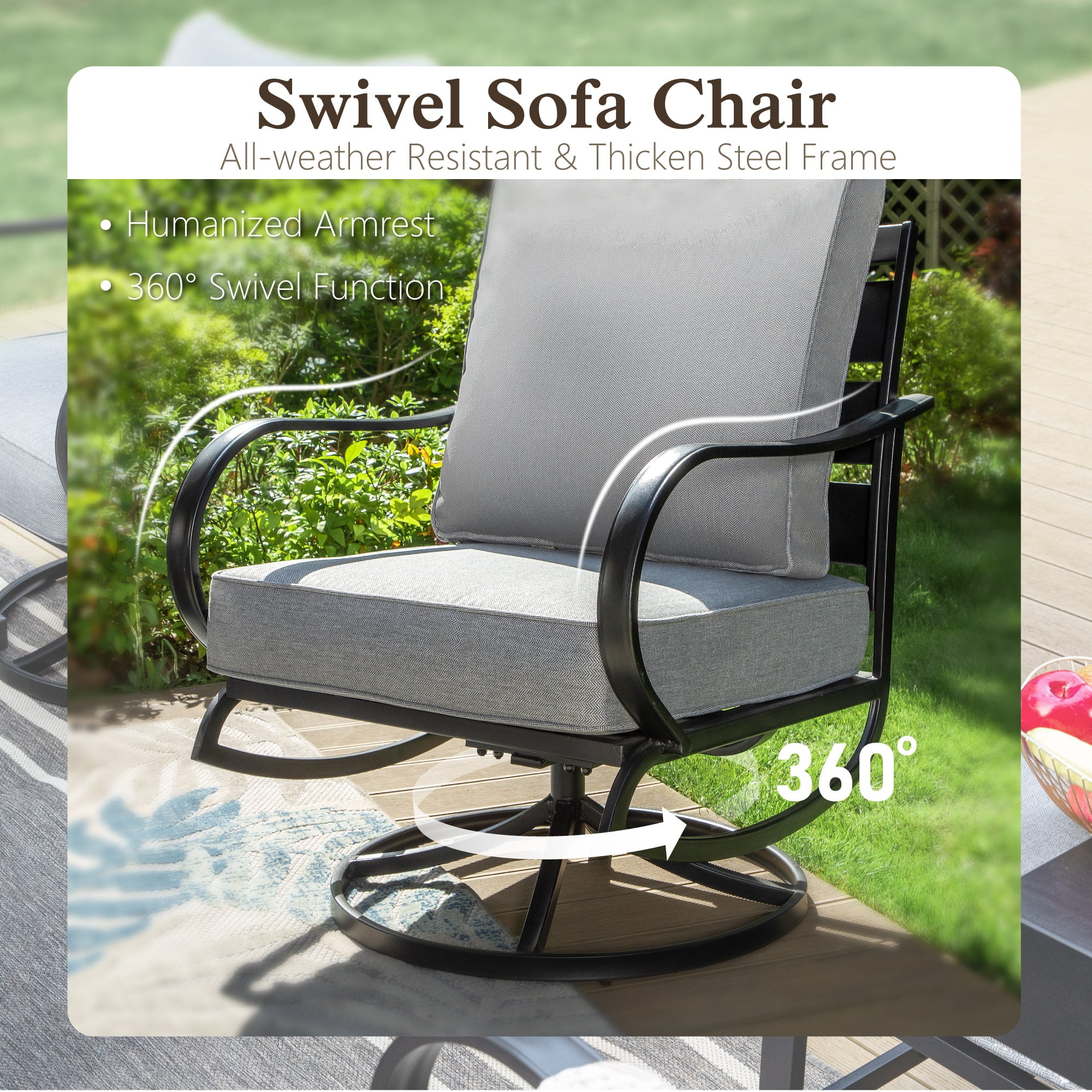 Alpha Joy 9 Seat Outdoor Patio Furniture Set Metal Patio Conversation Set with 2 x Swivel Chairs, 2 x Fixed Chairs, 2 x Ottomans, 5.75" Thickened Cushions for Lawn, Bckyard, Gray