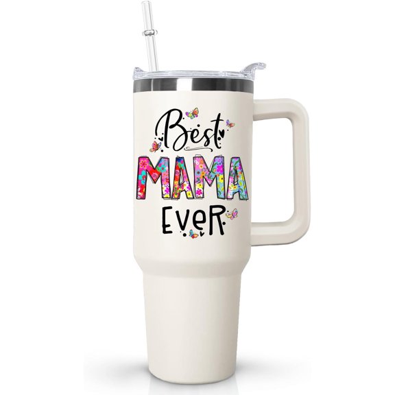 Mothers Day Birthday Gifts from Daughter,Gifts for Mom,40 oz Mama Tumbler with Handle Lid and Straw, Best Mama Ever Vacuum Insulated Travel Coffee Mug CupTumbler